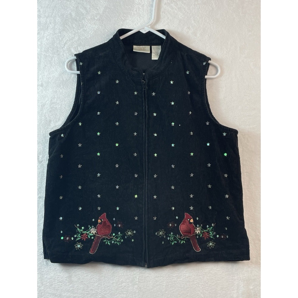 BAXTER & WELLS Women's Vest PM Black Corduroy Zip Up Cardinals Sequins